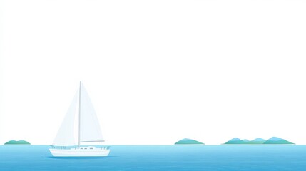 Serene Seascape Featuring a White Sailboat Gliding Across Tranquil Blue Waters with Subtle Island Silhouettes in the Background Under a Bright Clear Sky
