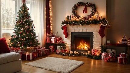 A festive living room with a cozy fireplace, a Christmas tree