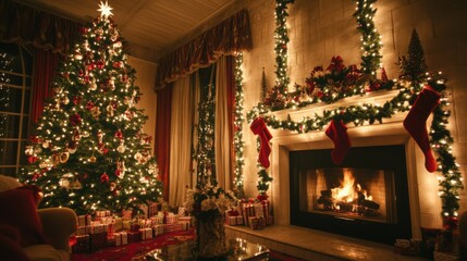 A festive living room with a cozy fireplace, a Christmas tree