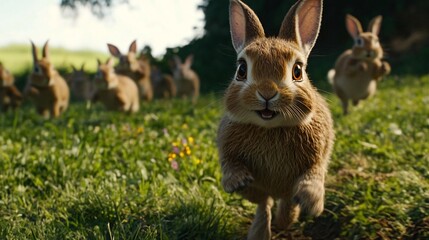 Obraz premium A group of animated rabbits joyfully running through a lush green field.