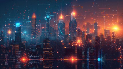 Futuristic cityscape with glowing lines and digital data streams.