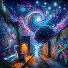 The sky blazes with vivid, cosmic hues above an alley adorned with intricate street art. A lone tree and a grand bird are silhouetted against the night sky, creating a surreal urban tableau.  (Gen, A.