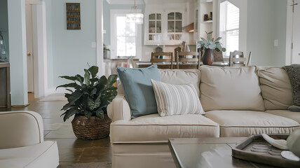 Fototapeta premium Cozy living room with a beige sofa, decorative pillows, and a green plant, featuring an open kitchen in the background.