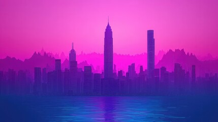 Obraz premium Futuristic City Skyline with Pink Gradient Sky and Water Reflection