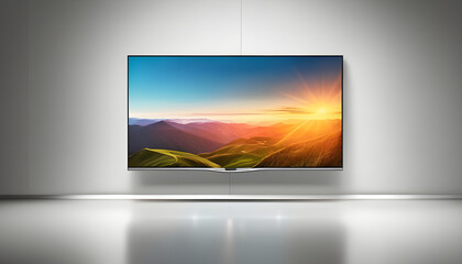 Very large flat screen TV with color preview screen projected on it, white background