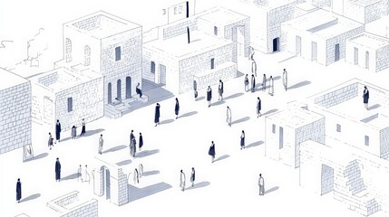 Aerial View of Stylized Village Scene with People in Traditional Clothing Walking Among Simple Stone Buildings and Doorways in a Minimalist Urban Environment
