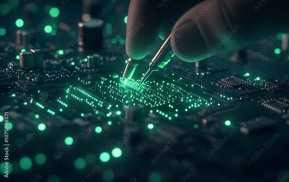 Poster a hand manipulates a glowing circuit board, showcasing intricate electronic components and a futuris