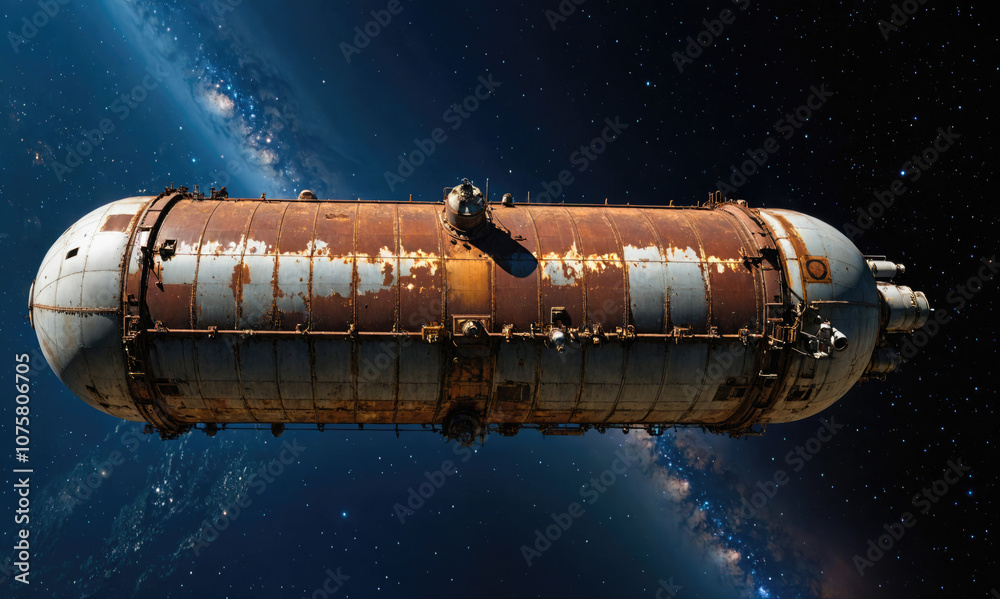 Poster a rusty spacecraft drifts in the void of space, surrounded by a field of stars
