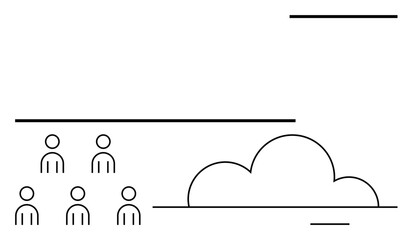 Simple line art features six people arranged in two rows of three, accompanied by a large cloud. Ideal for themes related to teamwork, community, social gathering, weather, organization, networking
