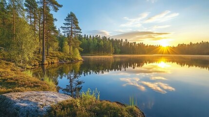 sunset at coast of the lake. Nature landscape.