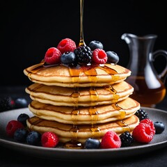 Fluffy pancakes with fresh berries and maple syrup drizzle on dark background