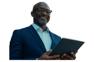 PNG studio shot of a mature man using a digital tablet against a grey background