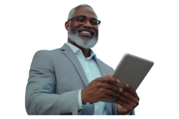PNG studio shot of a mature man using a digital tablet against a grey background