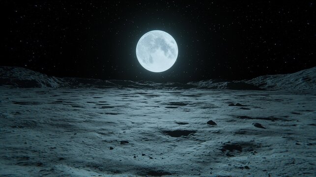 Full Moon Over Cratered Lunar Landscape   Night Sky  Stars  Space Exploration  Science Fic