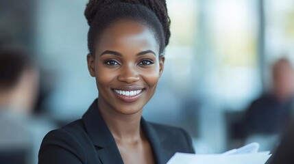 Smiling African American businesswoman in a professional setting.