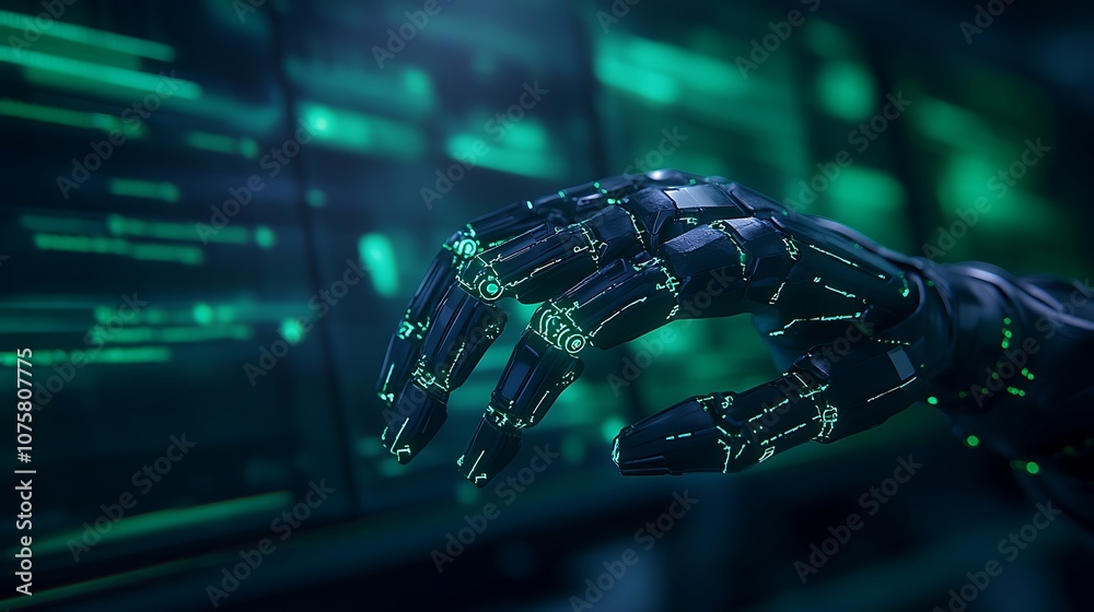 Fototapete A futuristic robotic hand reaches out against a backdrop of digital code, symbolizing advanced technology and artificial intelligence.