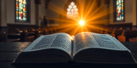 Open Holy bible book with glowing lights in church