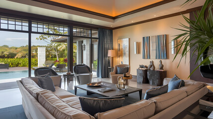 Fototapeta premium Stylish modern living room with large windows, comfortable furniture, and views of a lush garden and pool. Perfect for relaxation.