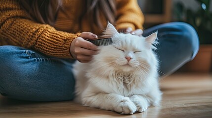 Fototapeta na wymiar Woman combing her cute white cat on the floor at home. The fluffy pet enjoys combing with eyes closed.