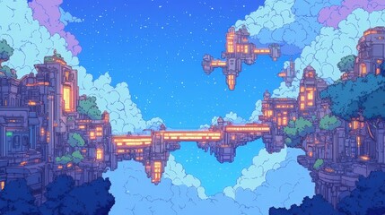 A Dreamlike Futuristic Cityscape with Floating Buildings and Night Sky Filled with Stars, Illuminated by Warm Lights and Surrounded by Lush Greenery and Fluffy Clouds