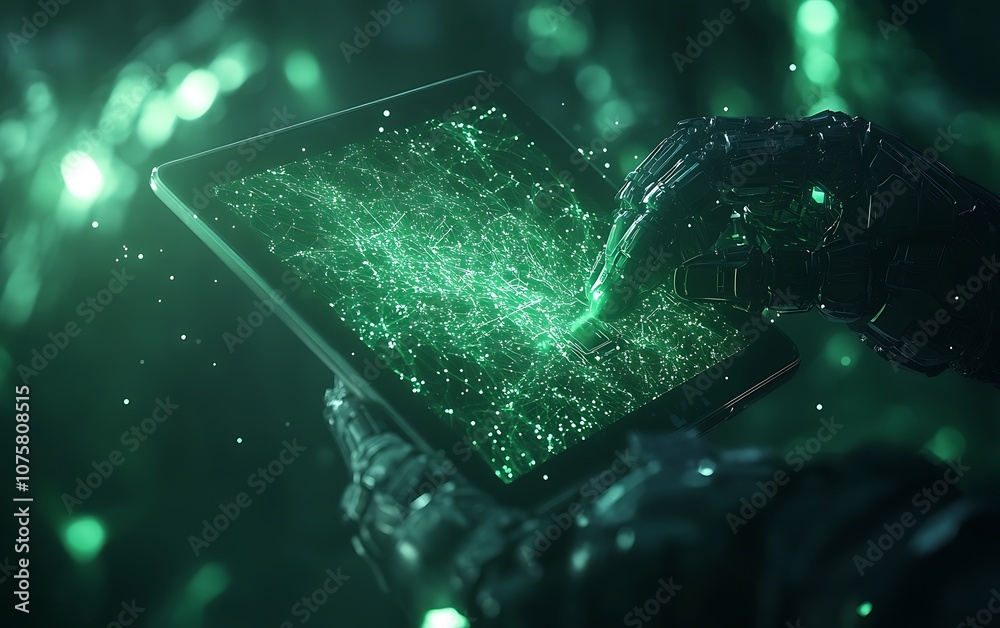 Aufkleber a robotic hand interacts with a sparkling, green holographic display, creating a mesmerizing digital