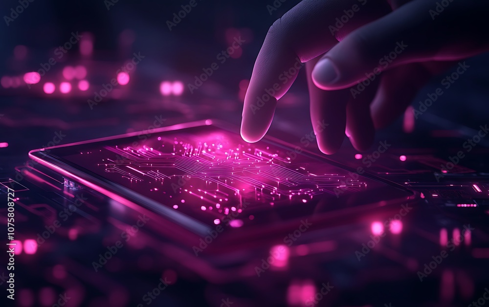 Poster A futuristic hand interacts with a glowing, vibrant tablet displaying intricate circuitry, symbolizing technology and digital innovation.