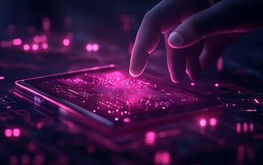 A futuristic hand interacts with a glowing, vibrant tablet displaying intricate circuitry, symbolizing technology and digital innovation.