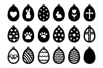 Set of 18 vector Easter egg shape designs of earrings, pendant or keychain. Jewelry cutting template. Laser cut with leather, wood or metal. Beautiful hanging bijouterie stencils