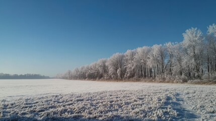 A peaceful, pristine snowy field under a clear blue sky,
