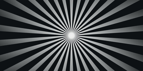 Sun ray light. Sun rays background. Radial burst. Sunburst black pattern isolated on white background. Beams line. Radiate sunlight. Comic effect texture. Retro pop art stripe. Vector illustration