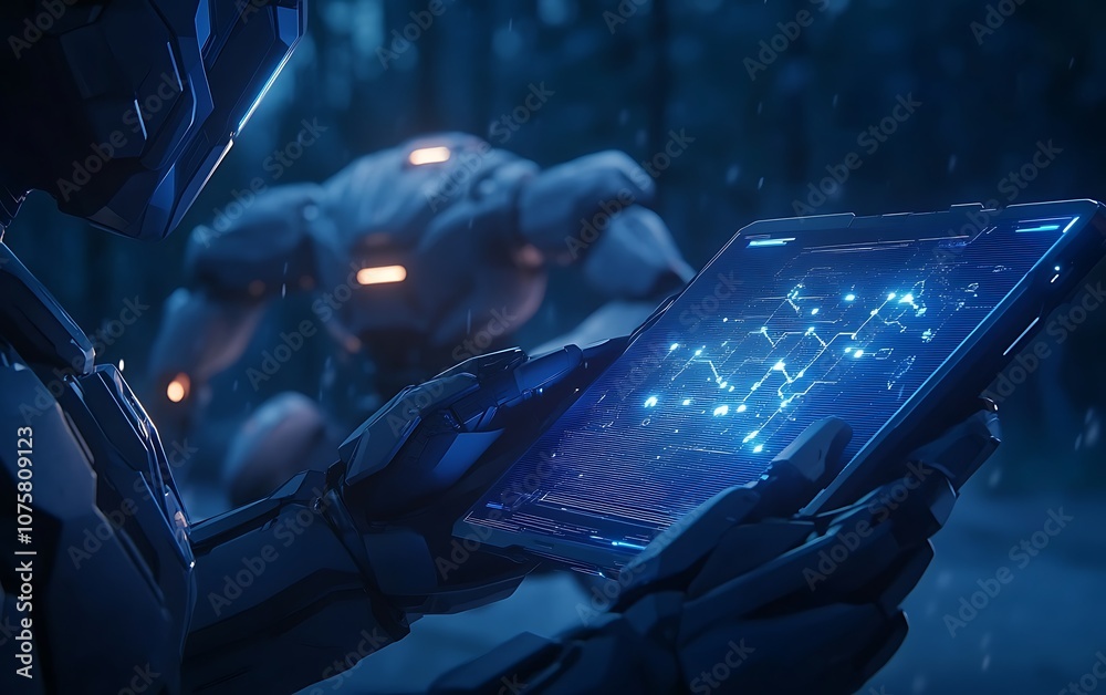 Fototapete A futuristic scene featuring a robotic figure manipulating a glowing device, with a large mechanical creature in the background, set in a dark, atmospheric environment.