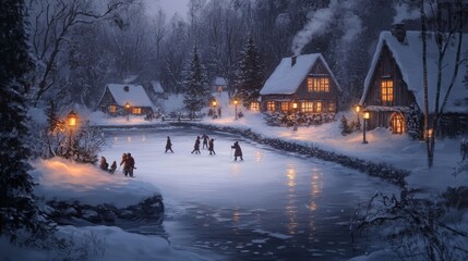 A peaceful winter scene of a Christmas village near