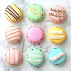 Obraz premium Colorful Display of French Macarons on Marble Surface