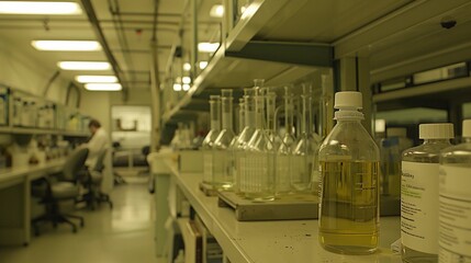 A laboratory scene with glassware and a researcher, focusing on scientific experimentation.