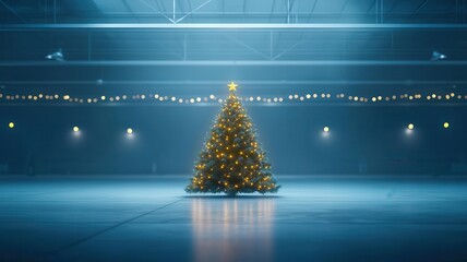 A beautifully lit Christmas tree stands alone in a spacious indoor venue, evoking festive joy and holiday spirit.