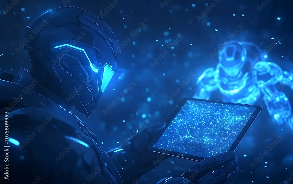 Poster a futuristic scene featuring a glowing figure interacting with a holographic interface, surrounded b
