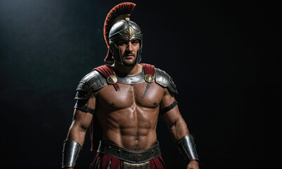 A muscular man wearing a Roman helmet and armor stands in front of a dark background