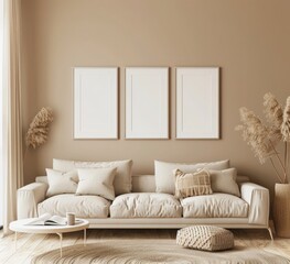 Minimalist living room interior with a beige sofa. three empty frames. a woven rug. and pampas grass plants