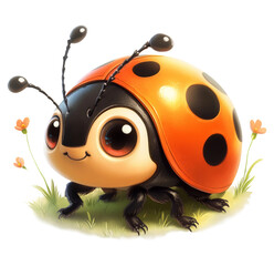 Obraz premium Cute Cartoon Ladybug with Big Eyes and Orange Shell