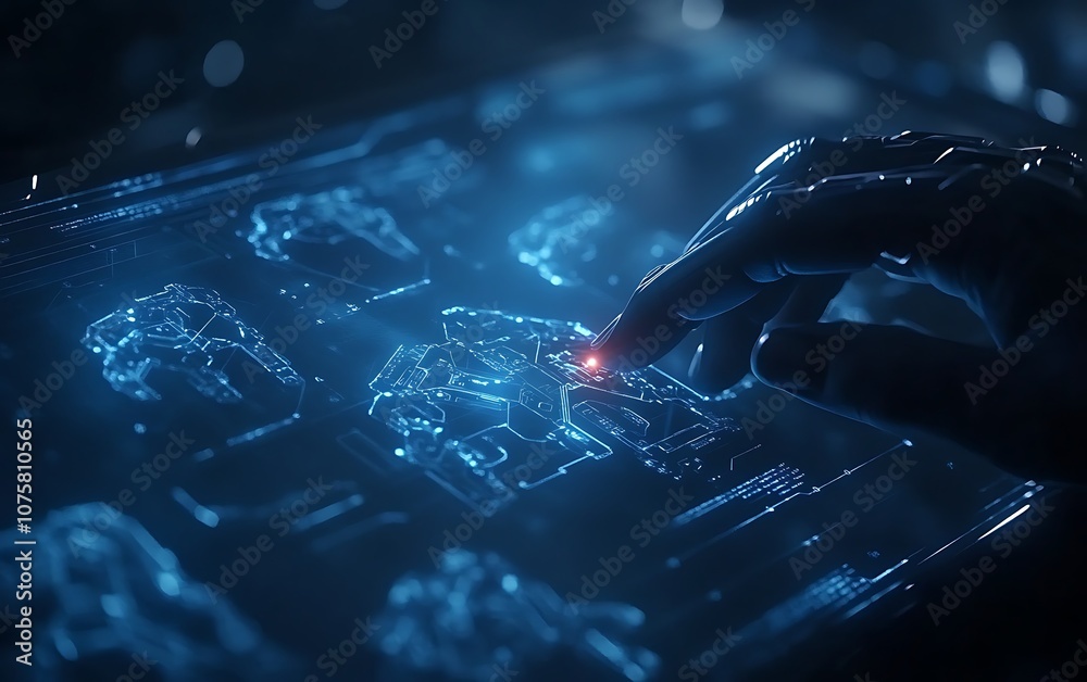 Poster A glowing interface displays digital data, with a hand reaching to interact, illustrating advanced technology and futuristic concepts.
