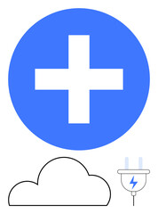 Obraz premium Medical cross in blue circle above a cloud shape and electric plug. Ideal for healthcare, technology integration, digital health, cloud storage, medical records management, telemedicine, hospital
