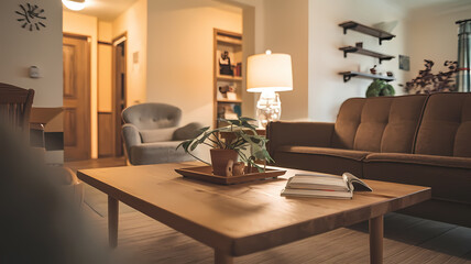 Cozy living room with a brown sofa, wooden coffee table, potted plant, and warm lighting, perfect for relaxation and comfort.