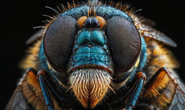 A close-up photo of a fly's face, with a dark background