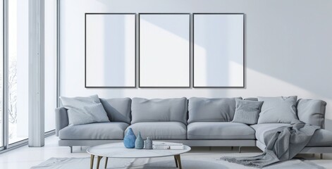 Minimalist living room interior with grey sofa. large windows. and three empty picture frames on white wall