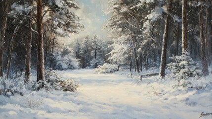 Fototapeta premium A serene snow-covered forest clearing, surrounded