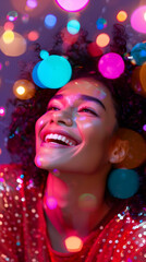A joyful person with curly hair smiles amidst colorful bokeh lights.