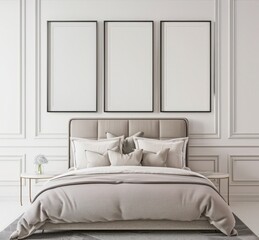 A minimalist bedroom interior with a large bed. two bedside tables. and three framed pictures on the wall