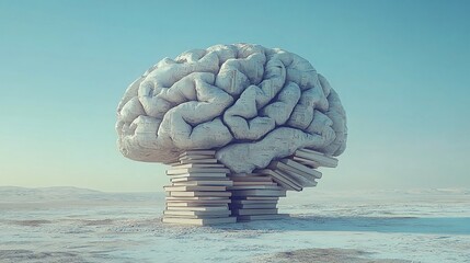 A 3D rendering of a white human brain resting on a stack of books in a desert landscape.