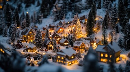 Obraz premium A small Christmas village at the foot of snowy mountains,