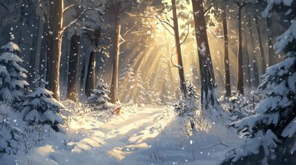 A snow-blanketed forest with sunlight streaming